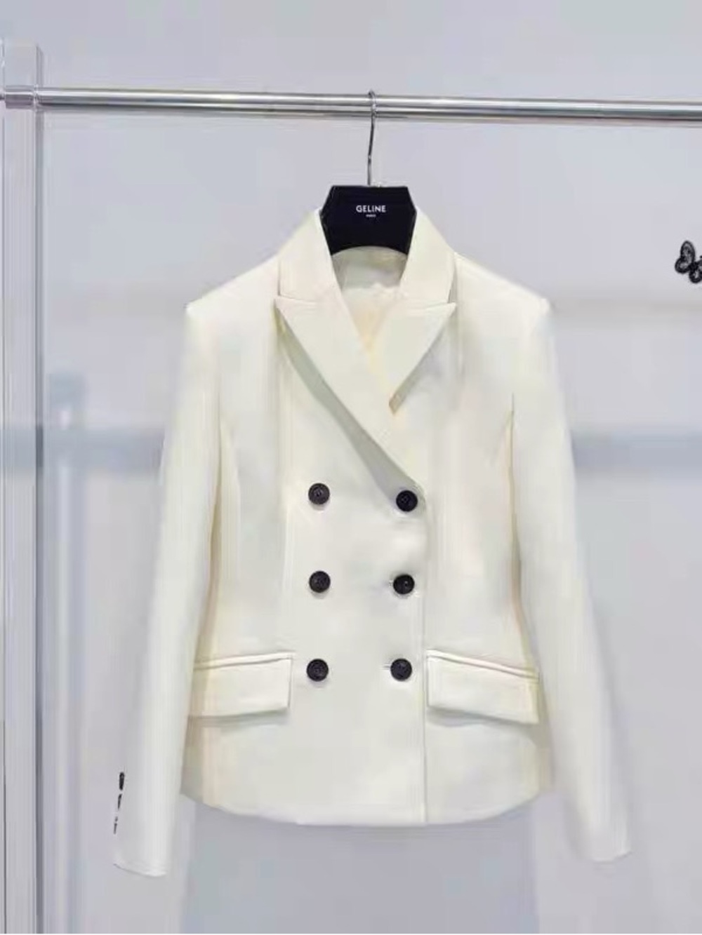 Luxury Double-Breasted Cream Wool-Silk Blazer Jacket with Bold Buttons